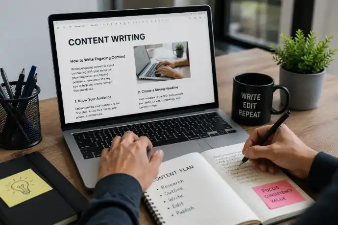 Content writing workspace with laptop and marketing materials